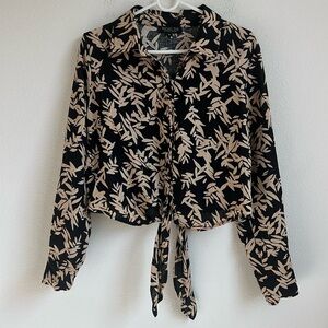 Rachel Zoe Black Leaf Front Tie Linen Blend Blouse